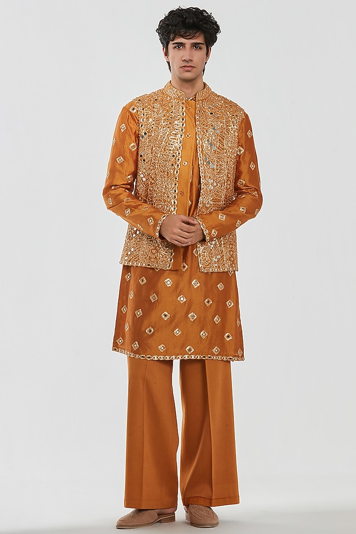 Mustard Yellow Chanderi Mirror Work Bundi Jacket Set by Abhinav Mishra Men at Pernia's Pop Up Shop