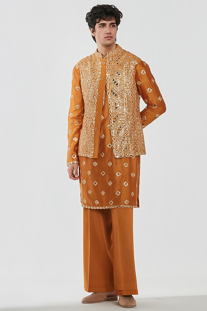 Mustard Yellow Chanderi Mirror Work Bundi Jacket Set by Abhinav Mishra Men at Pernia's Pop Up Shop