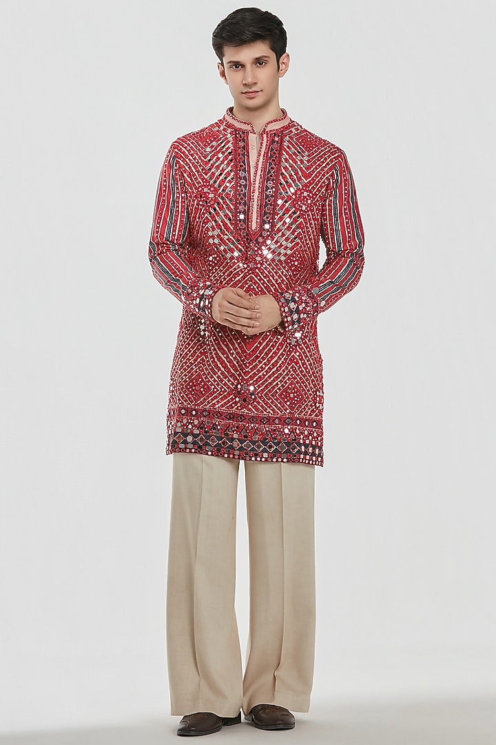 Multi-Colored Chanderi Mirror Work Kurta Set by Abhinav Mishra Men at Pernia's Pop Up Shop