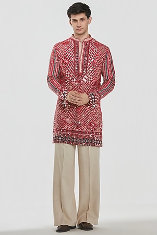 Multi-Colored Chanderi Mirror Work Kurta Set by Abhinav Mishra Men