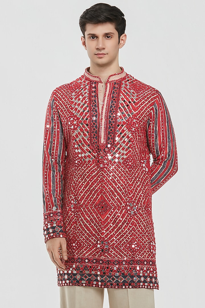 Multi-Colored Chanderi Mirror Work Kurta Set by Abhinav Mishra Men at Pernia's Pop Up Shop