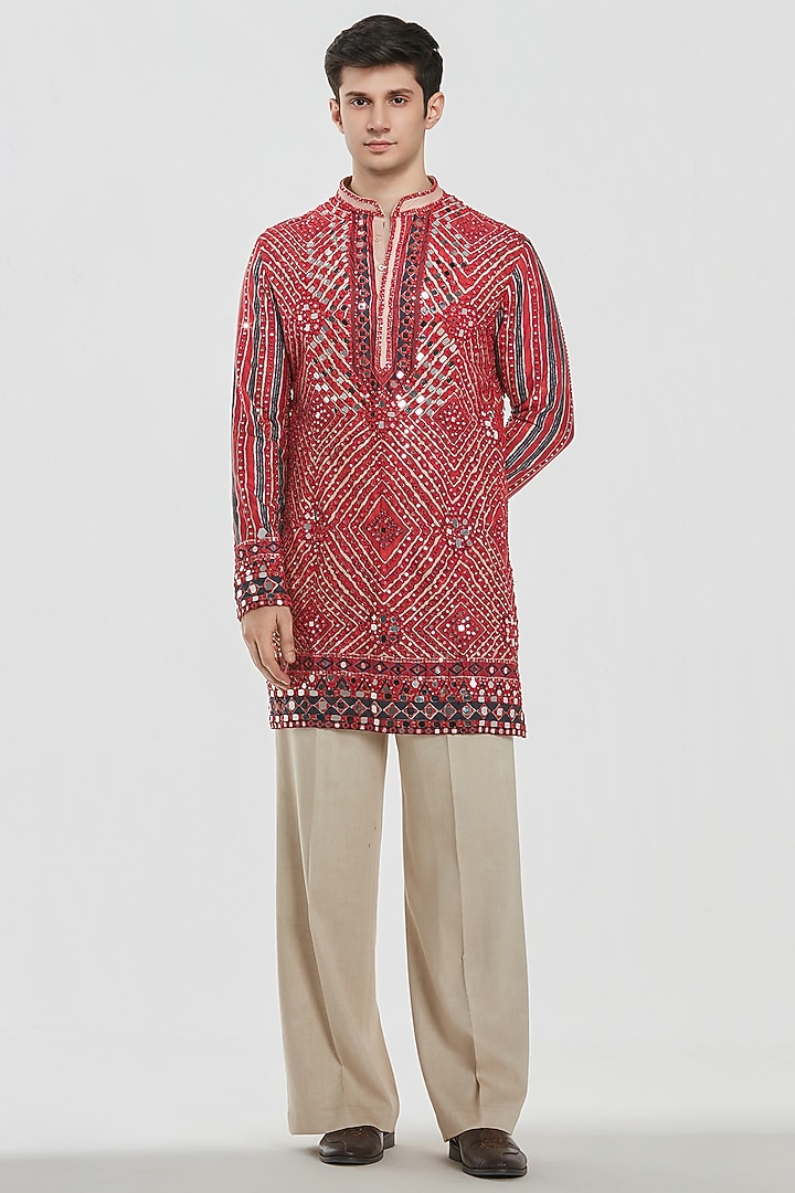 Multi-Colored Chanderi Mirror Work Kurta Set by Abhinav Mishra Men at Pernia's Pop Up Shop