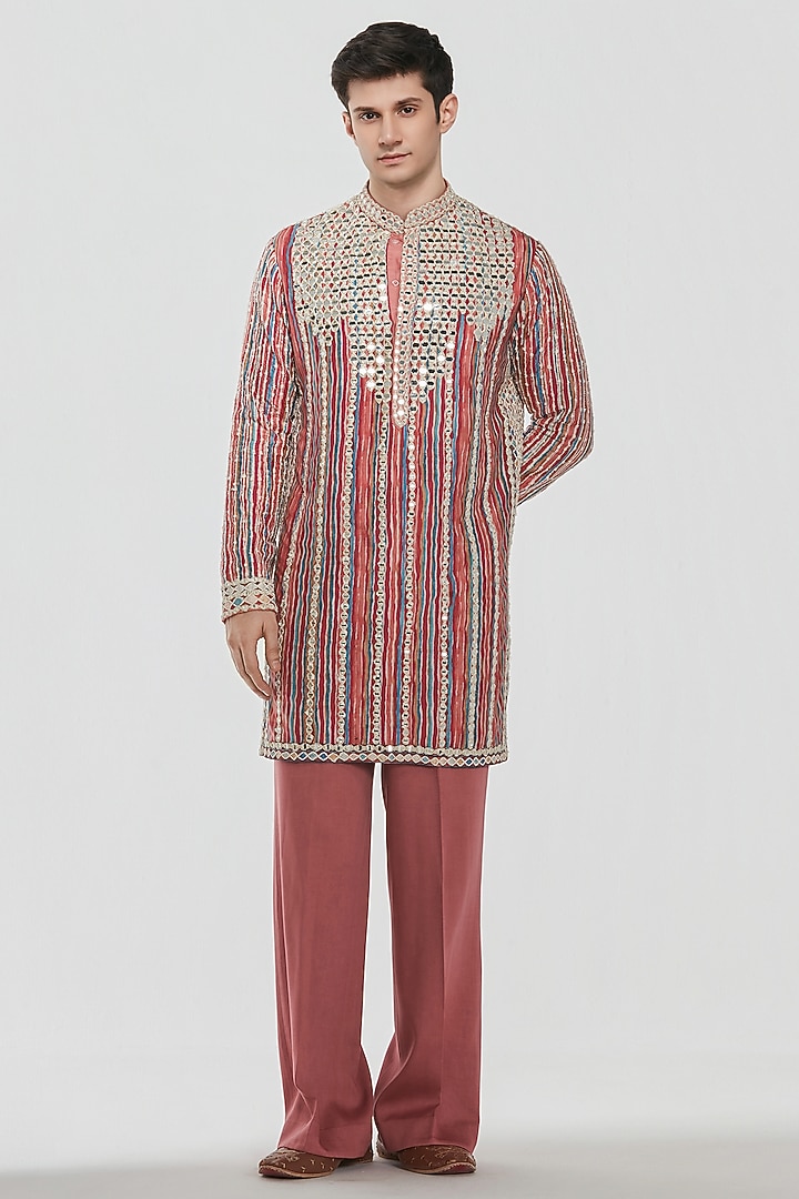 Multi-Colored Chanderi Mirror Work Kurta Set by Abhinav Mishra Men at Pernia's Pop Up Shop