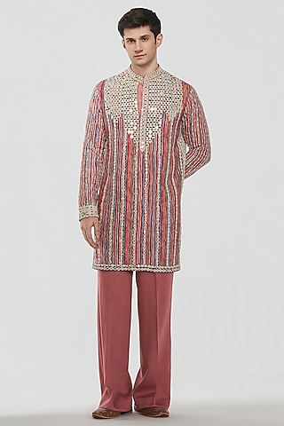 Multi-Colored Chanderi Mirror Work Kurta Set by Abhinav Mishra Men