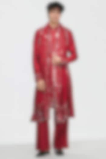 Maroon Red Chanderi Mirror Work Kurta Set by Abhinav Mishra Men at Pernia's Pop Up Shop