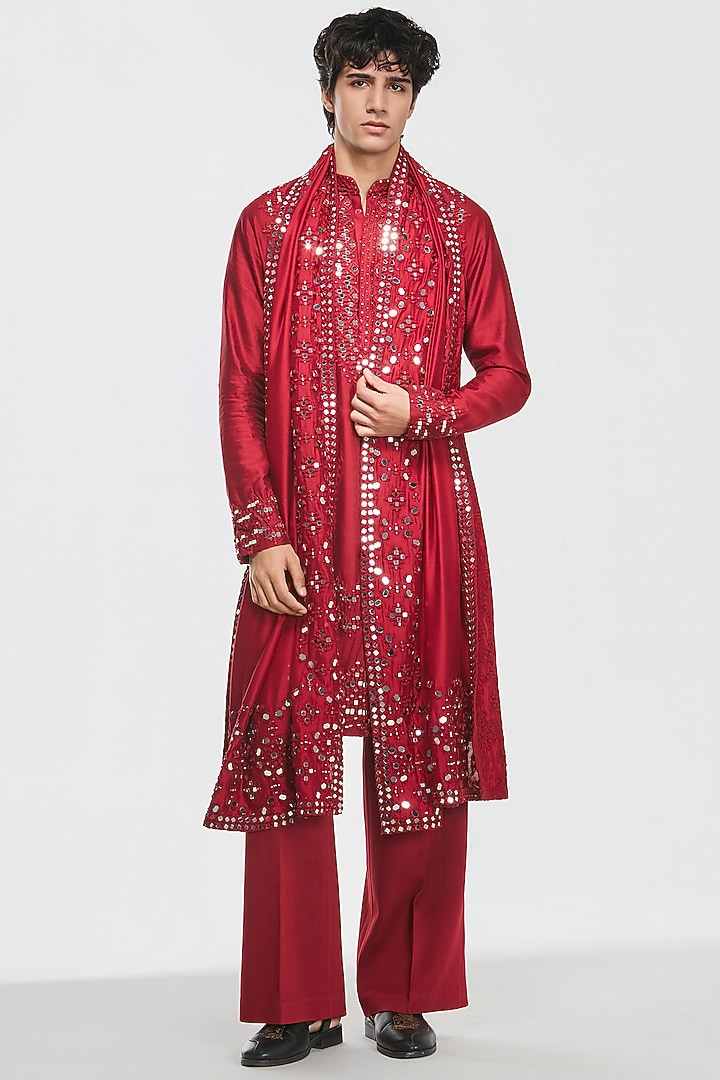Maroon Red Chanderi Mirror Work Kurta Set by Abhinav Mishra Men at Pernia's Pop Up Shop