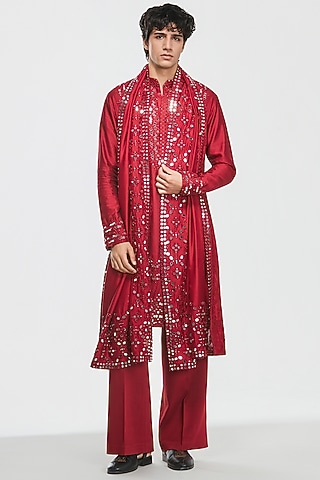 Maroon Red Chanderi Mirror Work Kurta Set by Abhinav Mishra Men