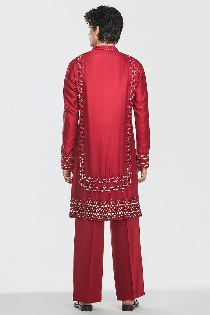 Maroon Red Chanderi Mirror Work Kurta Set by Abhinav Mishra Men at Pernia's Pop Up Shop