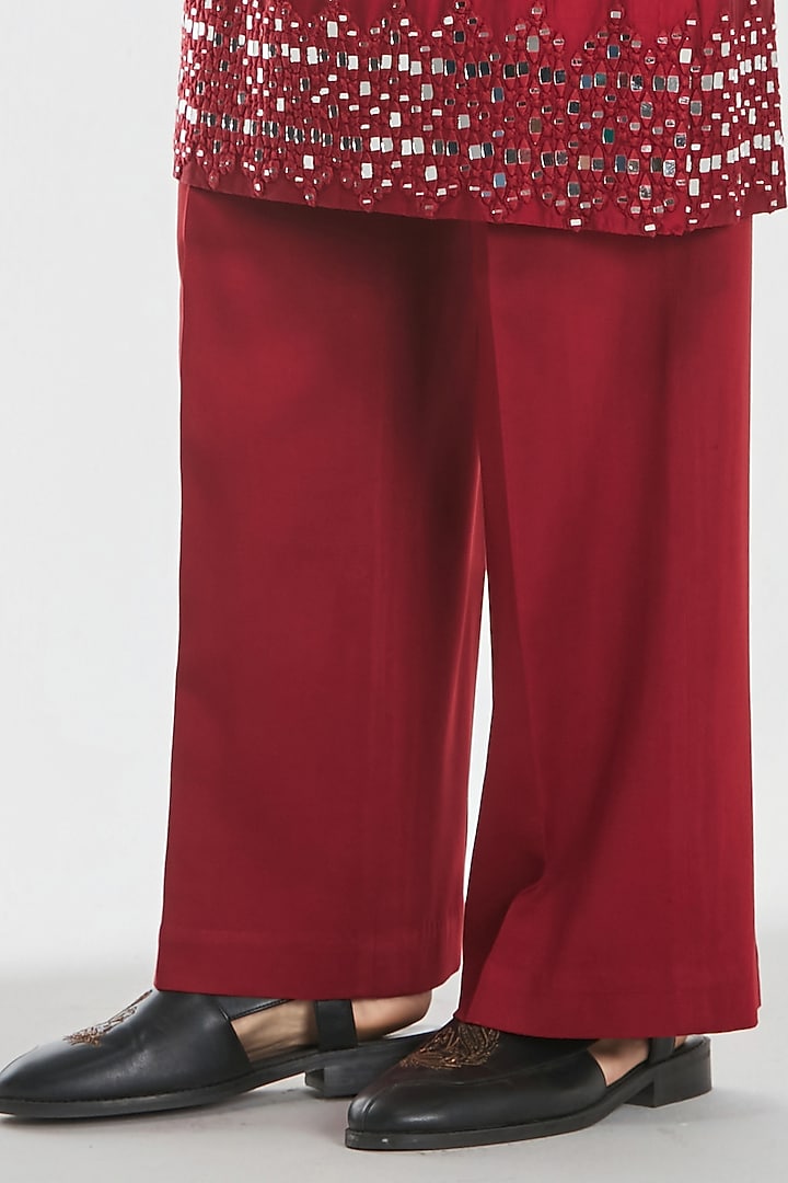 Maroon Red Chanderi Mirror Work Kurta Set by Abhinav Mishra Men at Pernia's Pop Up Shop
