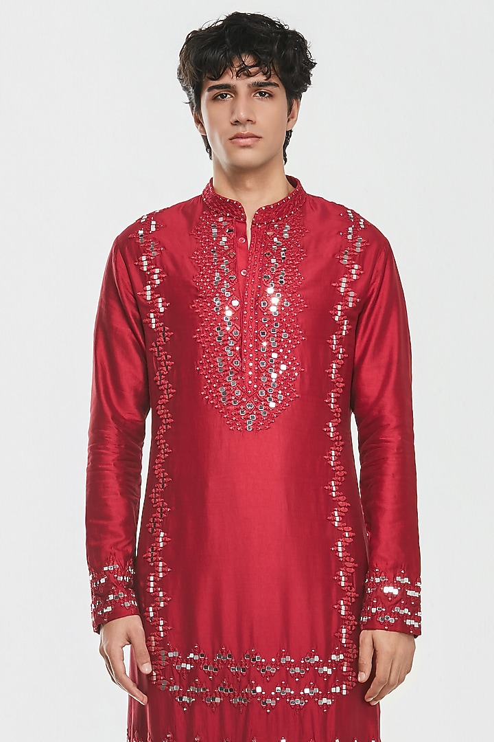 Maroon Red Chanderi Mirror Work Kurta Set by Abhinav Mishra Men at Pernia's Pop Up Shop