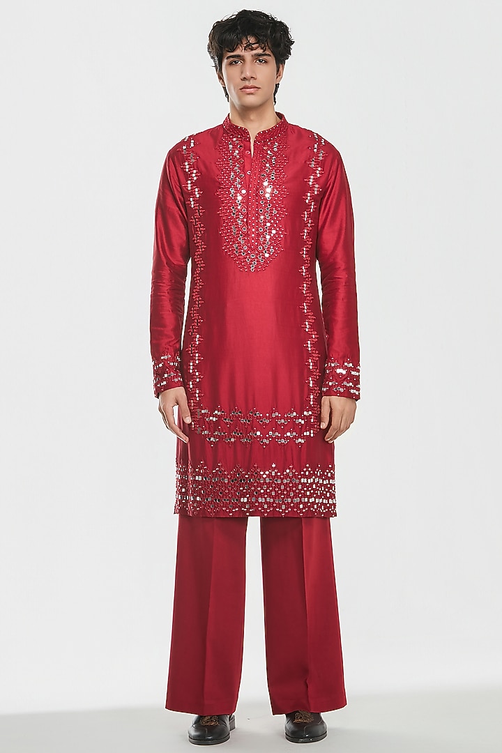 Maroon Red Chanderi Mirror Work Kurta Set by Abhinav Mishra Men at Pernia's Pop Up Shop
