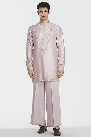 Lilac Chanderi Threadwork Kurta Set by Abhinav Mishra Men