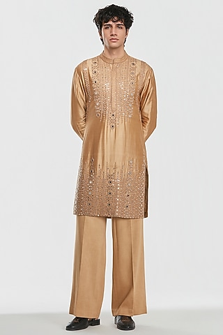 Gold Chanderi Threadwork Kurta Set by Abhinav Mishra Men