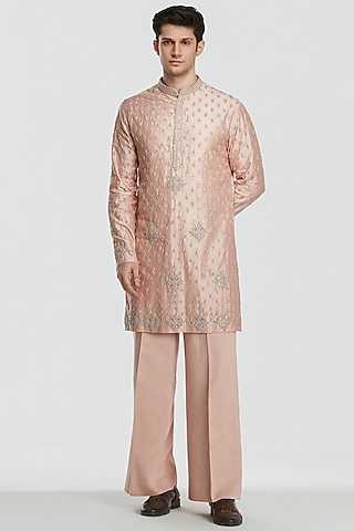 Rose Gold Chanderi Threadwork Kurta Set by Abhinav Mishra Men
