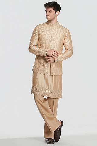 Beige Chanderi Threadwork Bundi Jacket Set by Abhinav Mishra Men