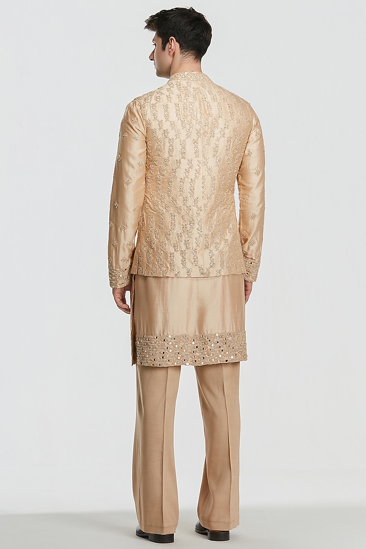 Beige Chanderi Threadwork Bundi Jacket Set by Abhinav Mishra Men at Pernia's Pop Up Shop