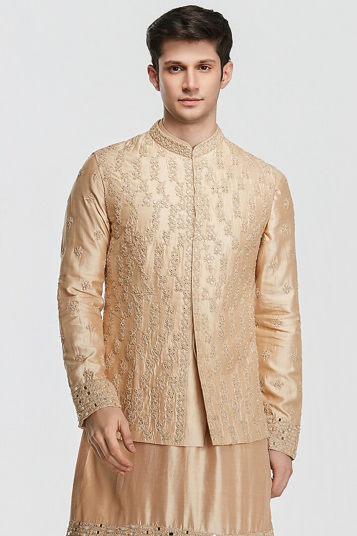 Beige Chanderi Threadwork Bundi Jacket Set by Abhinav Mishra Men at Pernia's Pop Up Shop