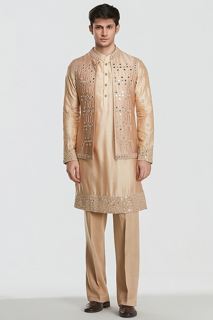 Beige Chanderi Threadwork Bundi Jacket Set by Abhinav Mishra Men at Pernia's Pop Up Shop