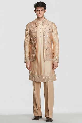 Beige Chanderi Threadwork Bundi Jacket Set by Abhinav Mishra Men