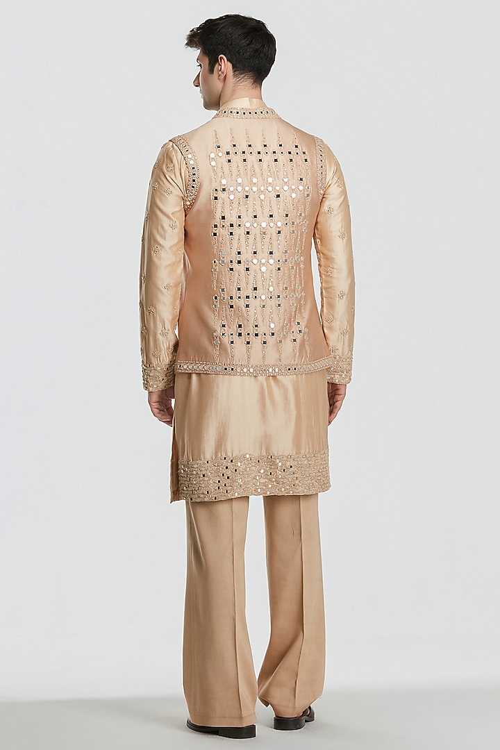 Beige Chanderi Threadwork Bundi Jacket Set by Abhinav Mishra Men at Pernia's Pop Up Shop