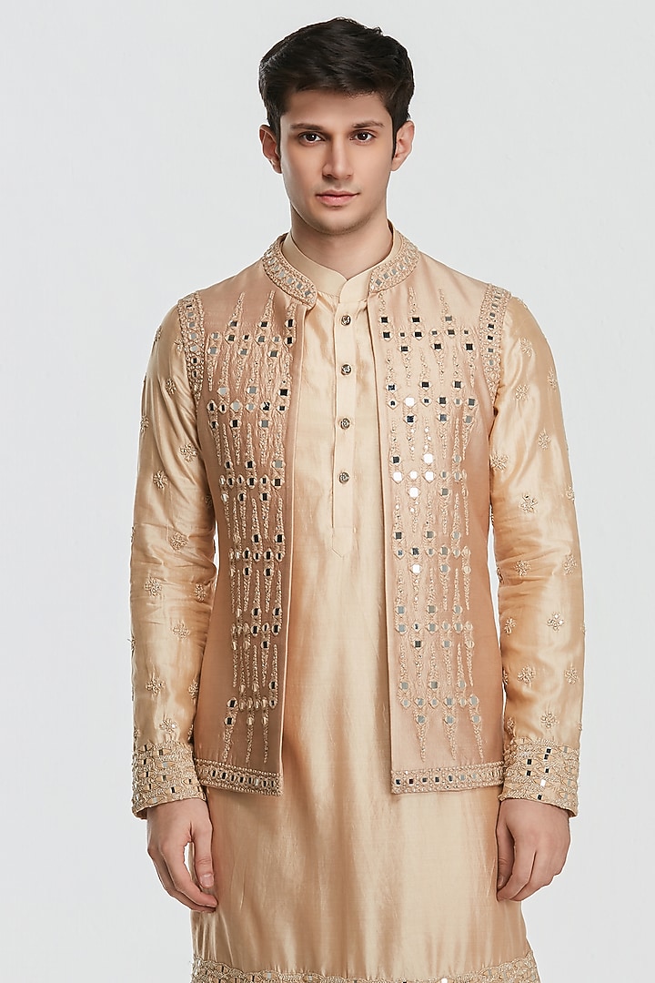 Beige Chanderi Threadwork Bundi Jacket Set by Abhinav Mishra Men at Pernia's Pop Up Shop