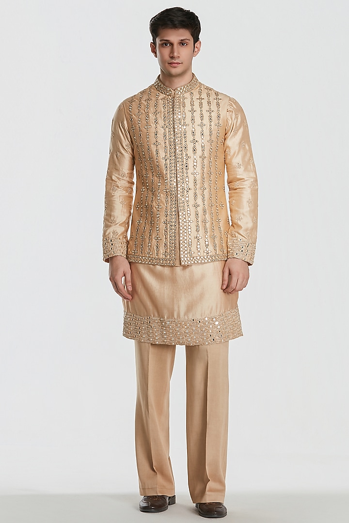 Beige Chanderi Threadwork Bundi Jacket Set by Abhinav Mishra Men at Pernia's Pop Up Shop