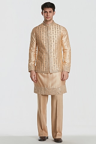 Beige Chanderi Threadwork Bundi Jacket Set by Abhinav Mishra Men