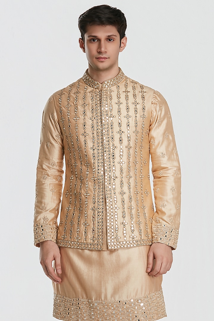 Beige Chanderi Threadwork Bundi Jacket Set by Abhinav Mishra Men at Pernia's Pop Up Shop