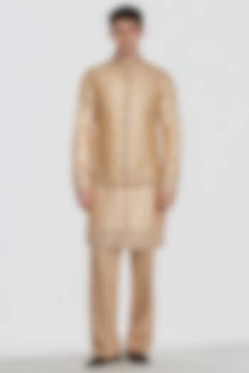Beige Chanderi Threadwork Bundi Jacket Set by Abhinav Mishra Men at Pernia's Pop Up Shop
