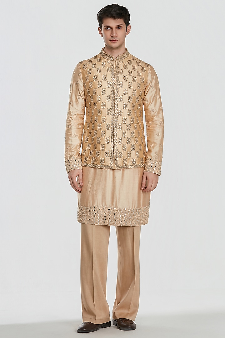 Beige Chanderi Threadwork Bundi Jacket Set by Abhinav Mishra Men at Pernia's Pop Up Shop