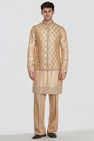 Beige Chanderi Threadwork Bundi Jacket Set by Abhinav Mishra Men