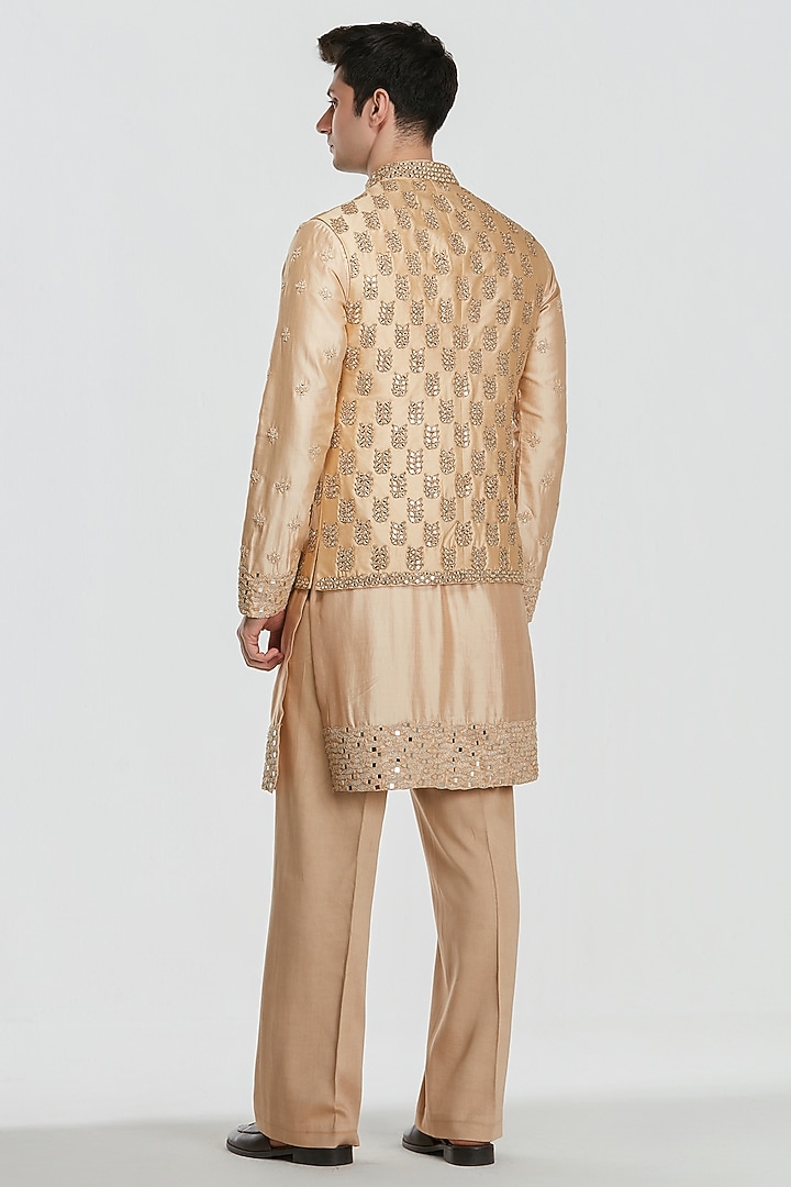Beige Chanderi Threadwork Bundi Jacket Set by Abhinav Mishra Men at Pernia's Pop Up Shop