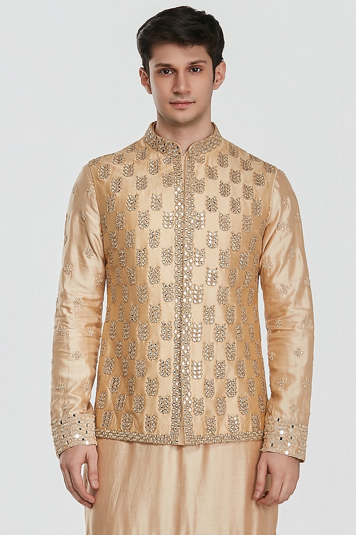 Beige Chanderi Threadwork Bundi Jacket Set by Abhinav Mishra Men at Pernia's Pop Up Shop