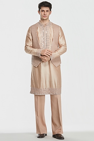 Beige Chanderi Threadwork Bundi Jacket Set by Abhinav Mishra Men