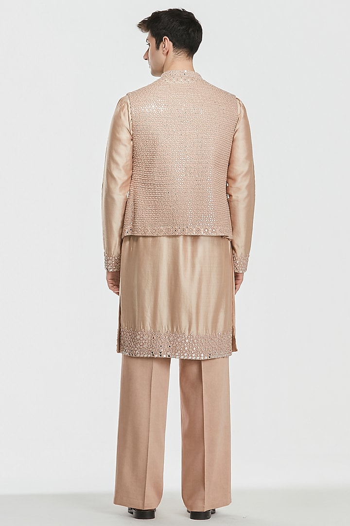 Beige Chanderi Threadwork Bundi Jacket Set by Abhinav Mishra Men at Pernia's Pop Up Shop