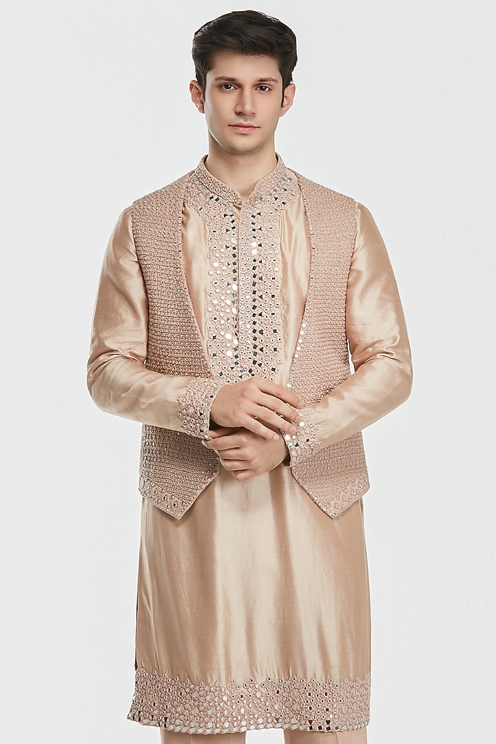 Beige Chanderi Threadwork Bundi Jacket Set by Abhinav Mishra Men at Pernia's Pop Up Shop