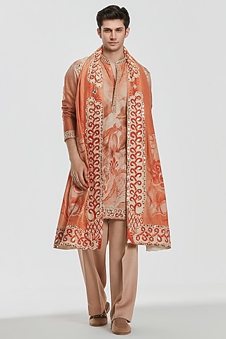 Multi-Colored Chanderi Threadwork Kurta Set by Abhinav Mishra Men