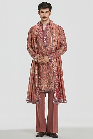 Multi-Colored Chanderi Threadwork Kurta Set by Abhinav Mishra Men