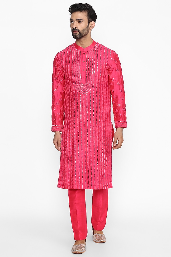 Fuchsia Resham Embroidered Kurta by Abhinav Mishra Men