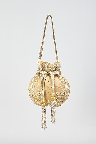 Gold Raw Silk Embroidered Potli by Aloha by PS