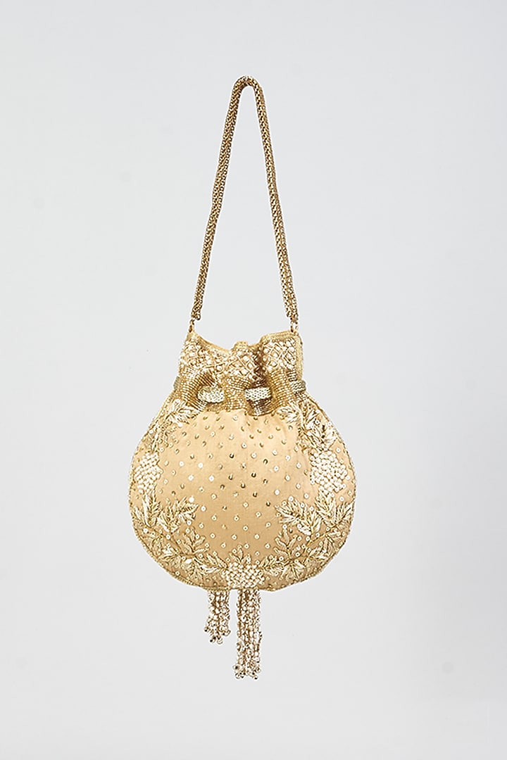 Gold Raw Silk Embroidered Potli by Aloha by PS at Pernia's Pop Up Shop