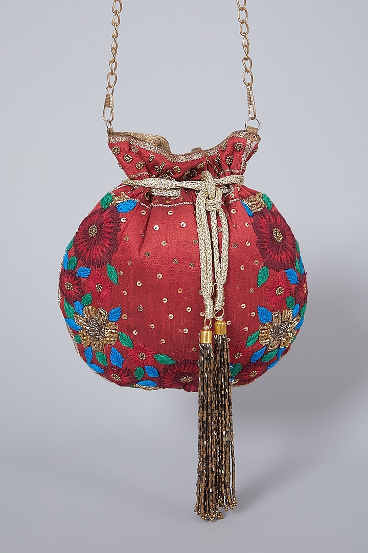 Deep Red Embroidered Potli Bag by Aloha by PS