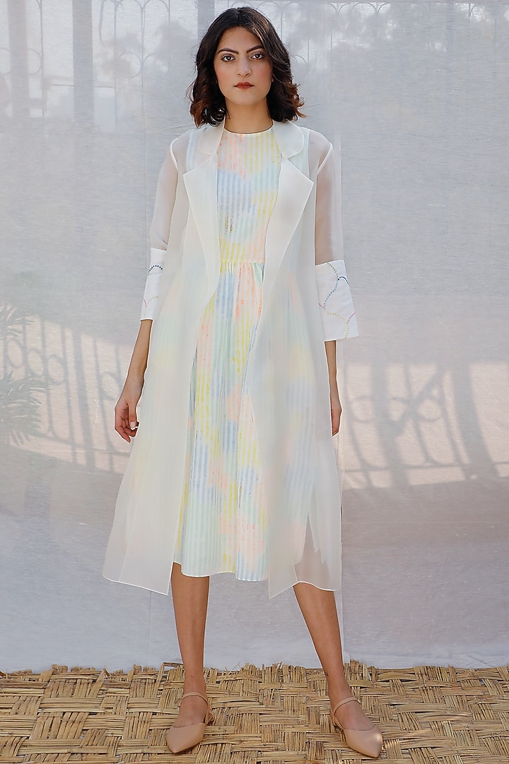 Ivory Printed Dress With Embroidered Jacket by Arcvsh by Pallavi Singh at Pernia's Pop Up Shop