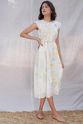 Ivory Block Printed Jumpsuit by Arcvsh by Pallavi Singh