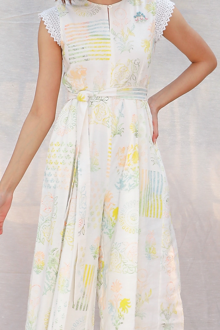 Ivory Block Printed Jumpsuit by Arcvsh by Pallavi Singh at Pernia's Pop Up Shop