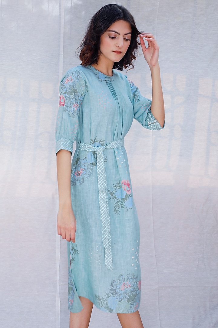 Mint Blue Printed & Pleated Slip Summer Dress by Arcvsh by Pallavi Singh at Pernia's Pop Up Shop