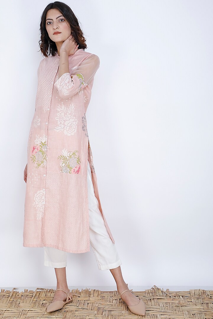Old Rose Pink Printed & Embroidered Tunic by Arcvsh by Pallavi Singh