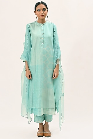 Mint Block Printed Kurta Set by Arcvsh by Pallavi Singh