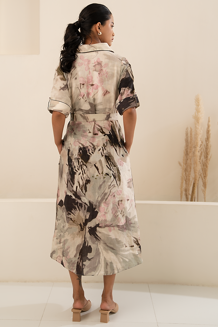 Grey Linen Printed Summer Shirt Dress by Arcvsh by Pallavi Singh at Pernia's Pop Up Shop