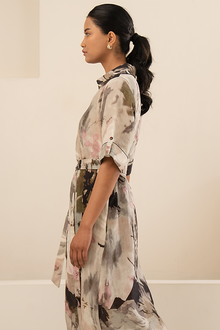 Grey Linen Printed Summer Shirt Dress by Arcvsh by Pallavi Singh at Pernia's Pop Up Shop